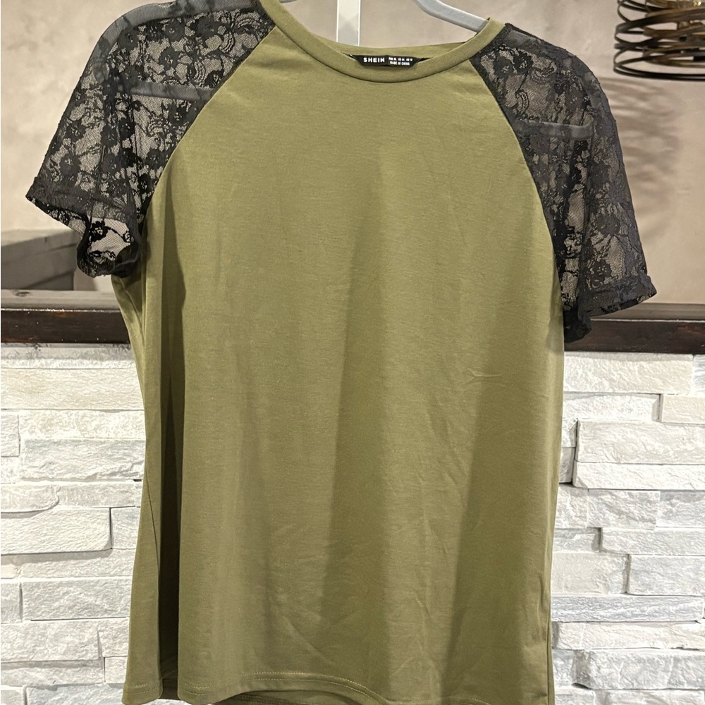 SHEIN Olive Green Top with Black Lace Raglan Sleeves